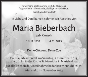 Traueranzeige von Maria Bieberbach von Südthüringer Presse