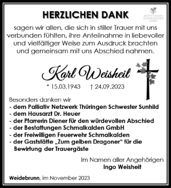 Traueranzeige von Karl Weisheit von Südthüringer Presse