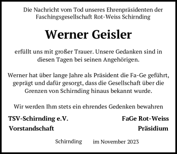 Traueranzeige von Werner Geisler von Frankenpost
