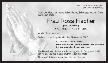 Traueranzeige von Rosa Fischer von Frankenpost