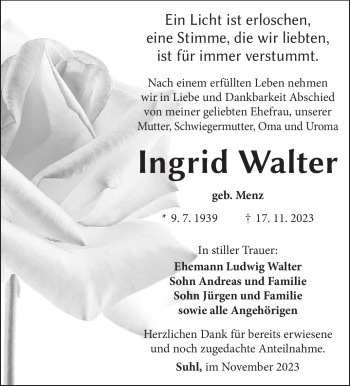 Traueranzeige von Ingrid Walter von Südthüringer Presse