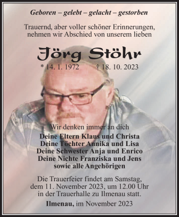 Traueranzeige von Jörg Stöhr von Südthüringer Presse