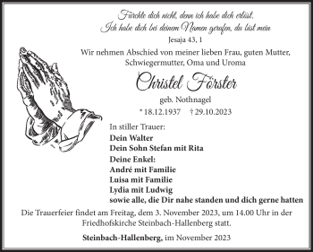 Traueranzeige von Christel Förster von Südthüringer Presse