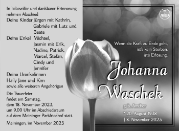 Traueranzeige von Johanna Waschek von Südthüringer Presse