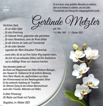 Traueranzeige von Gerlinde Metzler von Südthüringer Presse