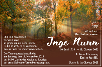 Traueranzeige von Inge Nunn von Südthüringer Presse