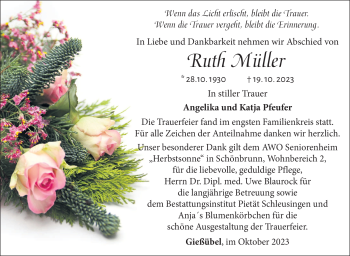 Traueranzeige von Ruth Müller von Südthüringer Presse