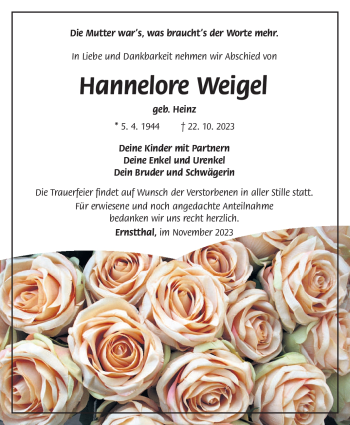 Traueranzeige von Hannelore Weigel von Südthüringer Presse
