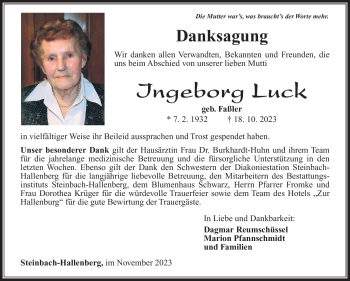 Traueranzeige von Ingeborg Luck von Südthüringer Presse
