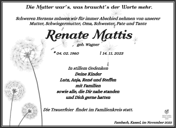 Traueranzeige von Renate Mattis von Südthüringer Presse
