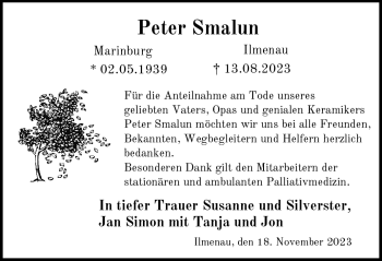 Traueranzeige von Peter Smalun von Südthüringer Presse