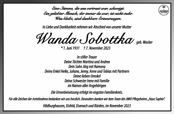 Traueranzeige von Wanda Sobottka von Südthüringer Presse