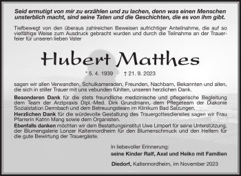 Traueranzeige von Hubert Matthes von Südthüringer Presse