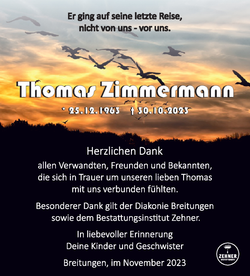  Traueranzeige für Thomas Zimmermann vom 25.11.2023 aus Südthüringer Presse