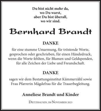 Traueranzeige von Bernhard Brandt von Südthüringer Presse