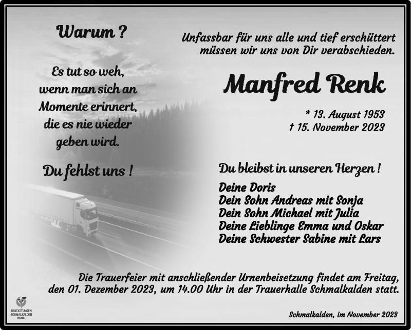  Traueranzeige für Manfred Renk vom 25.11.2023 aus Südthüringer Presse