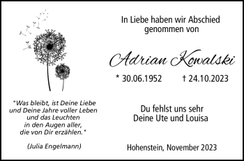 Traueranzeige von Adrian Kowalski von Neue Presse Coburg