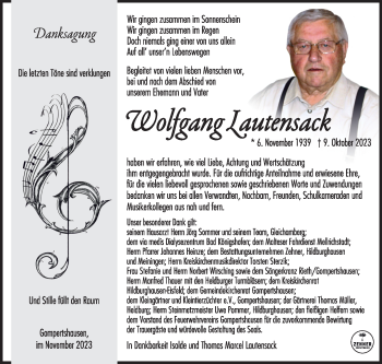 Traueranzeige von Wolfgang Lautensack von Südthüringer Presse