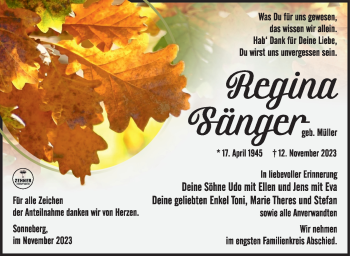 Traueranzeige von regina Sänger von Südthüringer Presse
