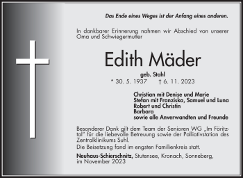 Traueranzeige von Edith Mäder von Südthüringer Presse