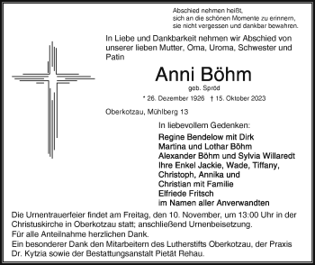 Traueranzeige von Anni Böhm von Frankenpost