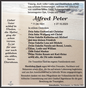 Traueranzeige von Alfred Peter von Südthüringer Presse