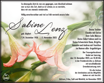 Traueranzeige von Sabine Lenz von Südthüringer Presse