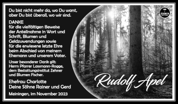 Traueranzeige von Rudolf Apel von Südthüringer Presse