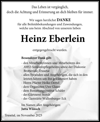 Traueranzeige von Heinz Eberlein von Südthüringer Presse