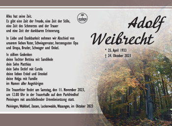 Traueranzeige von Adolf Weibrecht von Südthüringer Presse