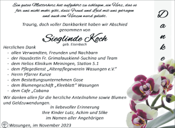 Traueranzeige von Sieglinde Koch von Südthüringer Presse