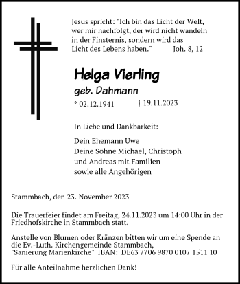 Traueranzeige von Helga Vierling von Frankenpost