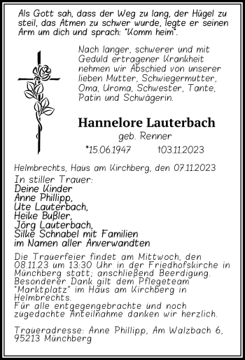 Traueranzeige von Hannelore Lauterbach von Frankenpost
