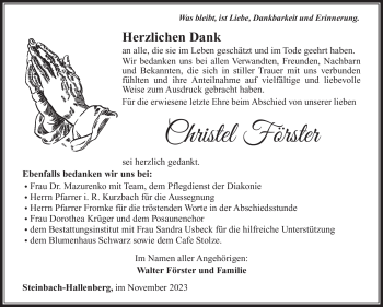 Traueranzeige von Christel Förster von Südthüringer Presse