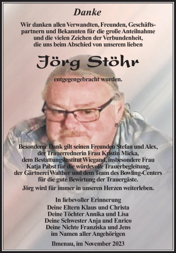Traueranzeige von Jörg Stöhr von Südthüringer Presse