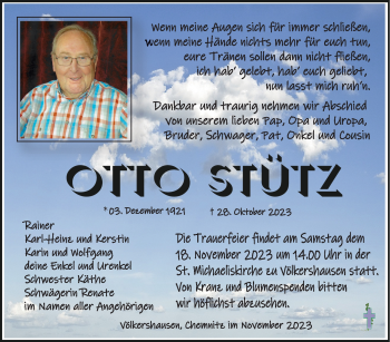 Traueranzeige von Otto Stütz von Südthüringer Presse