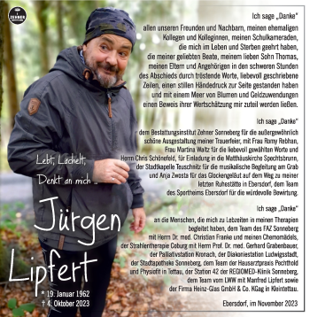 Traueranzeige von Jürgen Lipfert von Südthüringer Presse