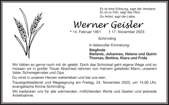 Traueranzeige von Werner Geisler von Frankenpost