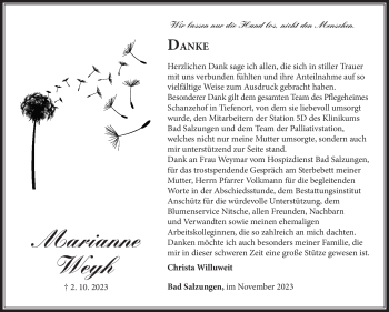 Traueranzeige von Marianne Weyh von Südthüringer Presse