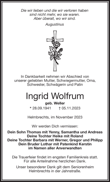 Traueranzeige von Ingrid Wolfrum von Frankenpost