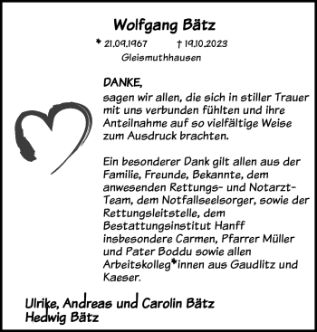 Traueranzeige von Wolfgang Bätz von Neue Presse Coburg