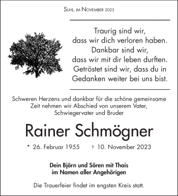 Traueranzeige von Rainer Schmögner von Südthüringer Presse