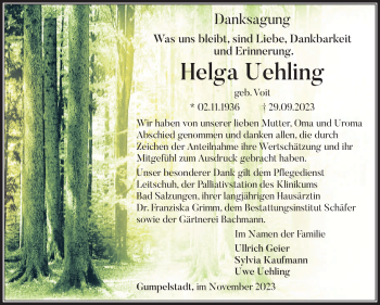Traueranzeige von Helga Uehling von Südthüringer Presse
