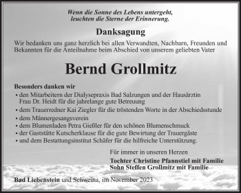 Traueranzeige von Bernd Grollmitz von Südthüringer Presse