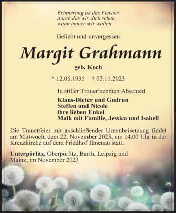 Traueranzeige von Margit Grahmann von Südthüringer Presse