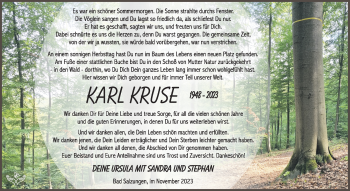 Traueranzeige von Karl Kruse von Südthüringer Presse