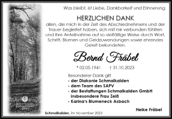 Traueranzeige von Bernd Fräbel von Südthüringer Presse