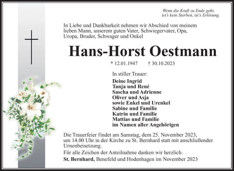  Traueranzeige für Hans-Horst Oestmann vom 11.11.2023 aus Südthüringer Presse