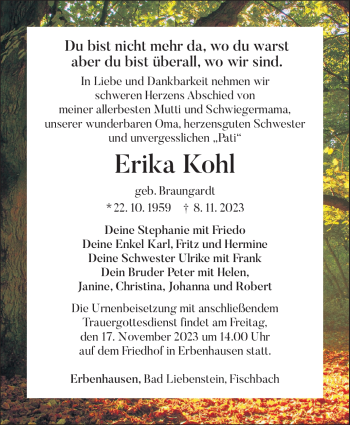 Traueranzeige von Erika Kohl von Südthüringer Presse