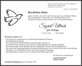 Traueranzeige von Sigrid Ullrich von Südthüringer Presse